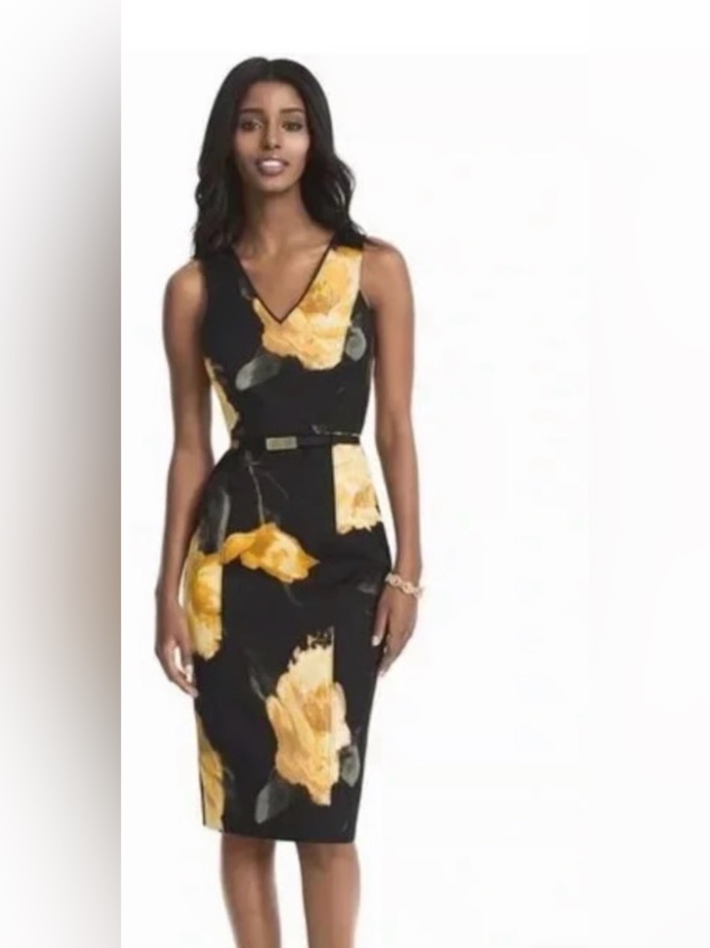 White House Black Market Black Midi Dress with Yellow Floral Print